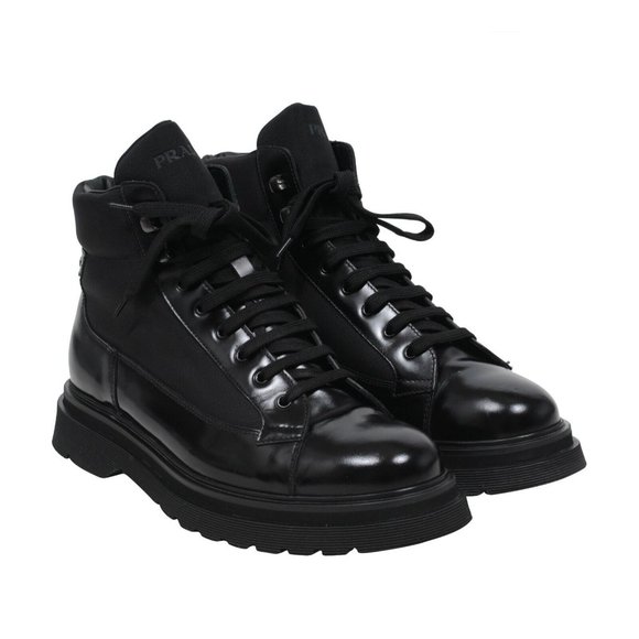 Prada Men Combat Boots US10.5 P9.5 Black Leather Logo Nylon Chunky Platform Sole - Picture 1 of 9